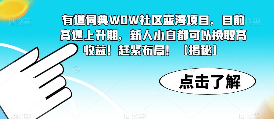 有道词典WOW社区蓝海项目，目前高速上升期，新人小白高收益百度网盘